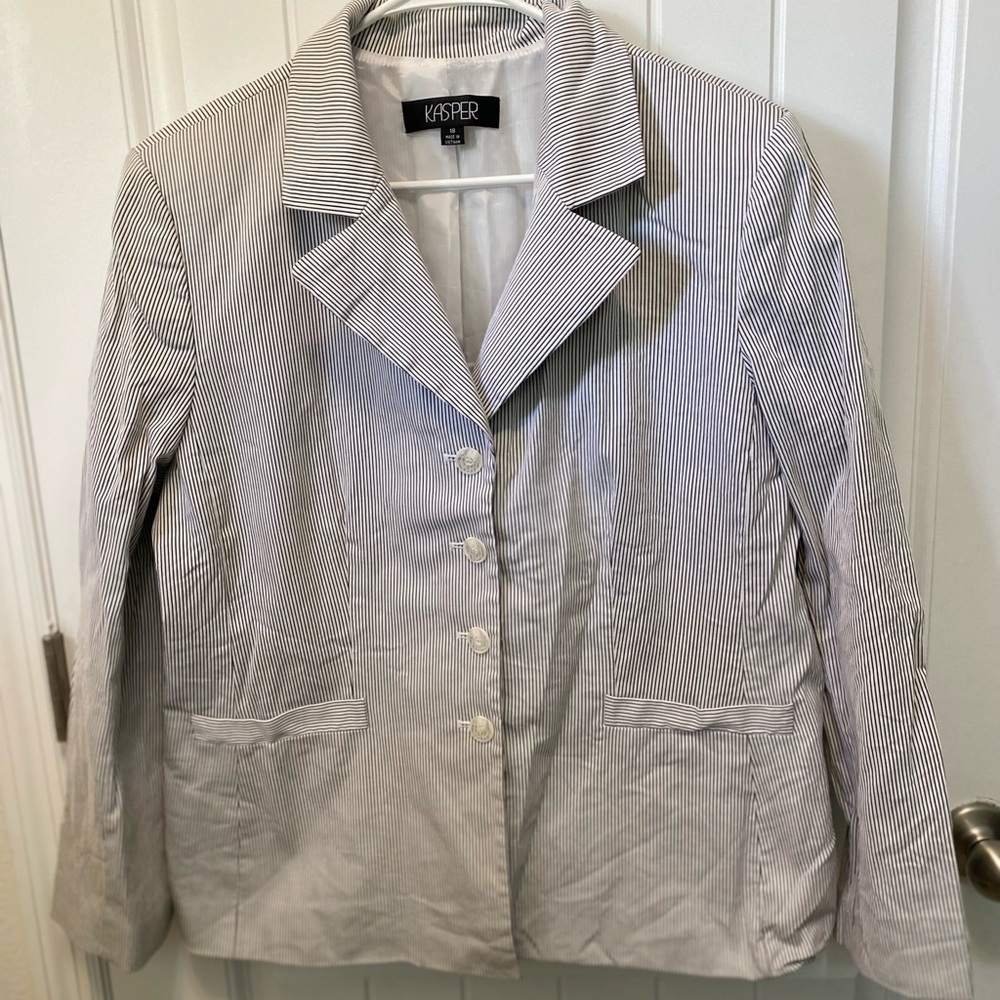 Kasper Blue Pinstripe Blazer. Size 18. Lined. Shoulder pads.